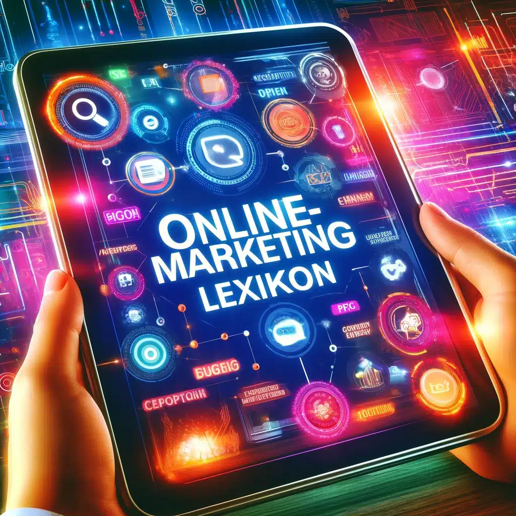 Online-Marketing Lexikon als Tablet-Bildschirm mit diversen Symbolden